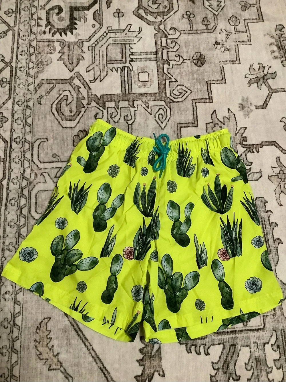 George Neon Yellow Cactus Print Men’s Swim Trunks